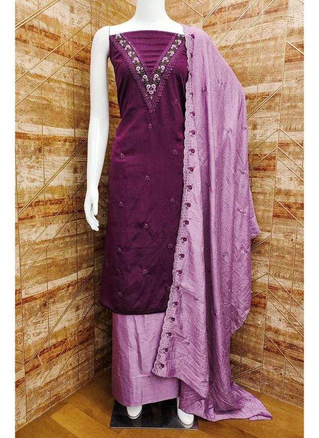 Vichitra Silk Dark Pink Traditional Wear Embroidery Work Dress Material